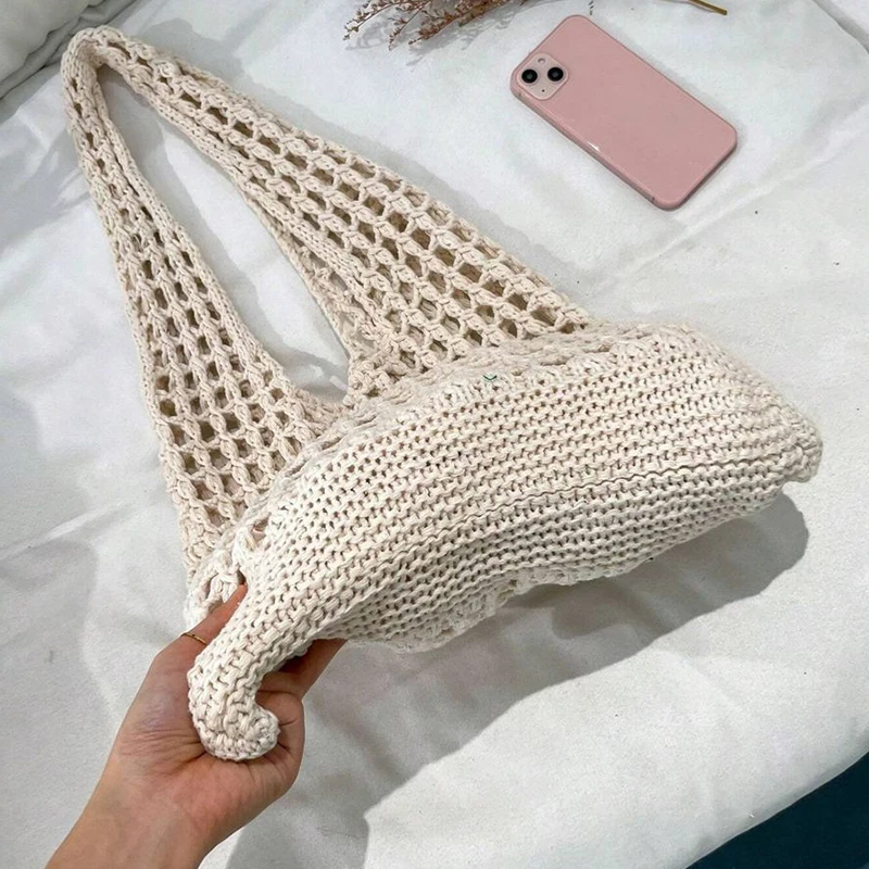 Fashion Crochet Bags for Women Summer Beach Tote Bag Aesthetic Totes Handbag Bohemian Woven Knit Shoulder Bag