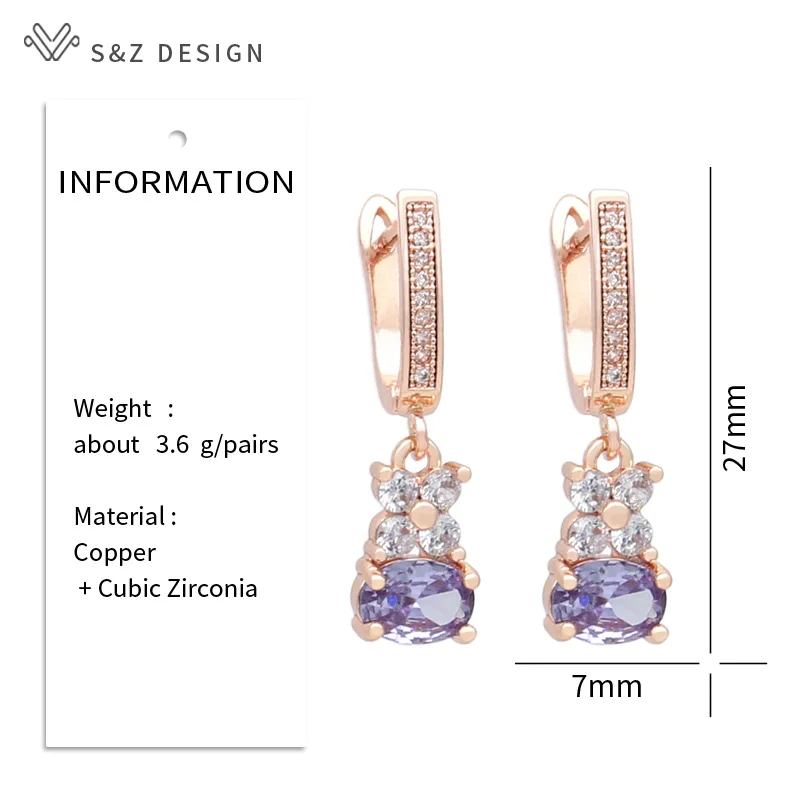 S&Z DESIGN New Fashion 585 Rose Gold Color Cubic Zirconia Lovely Flowers Dangle Earrings For Women Trendy Jewelry Fine Gift