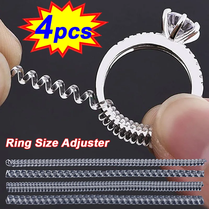 Herramientas reductoras de tamaño de anillo, anillos a base de resorte en espiral, ajustables, Tensor transparente Invisible, herramienta de redimensionamiento, protector de joyería, 4 piezas por juego