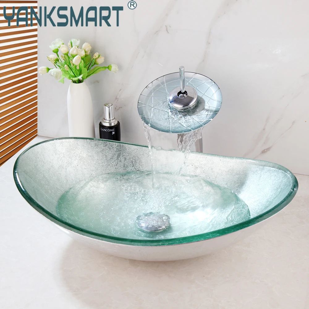 

YANKSMART Silver Bathroom Oval Glass Vessel Sink Basin Brass Waterfall Faucet Mixer Water Tap With Pop-up Drain Combo Kit