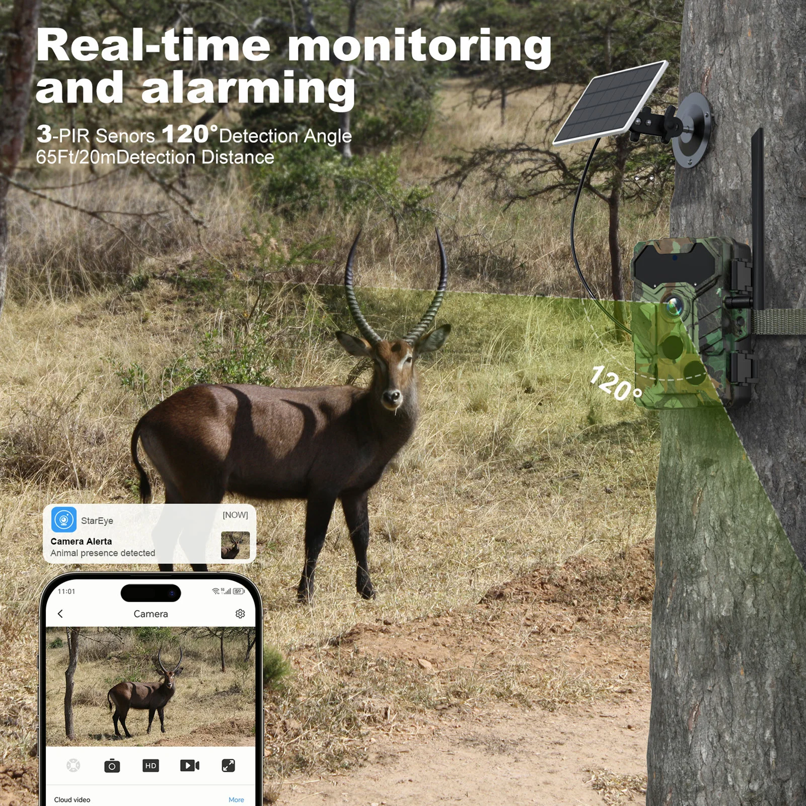 Outdoor Wireless Solar Powered Hunting Camera 32MP BT Infrared 4G SIM Card BT Quick Connect Wildlife Solar