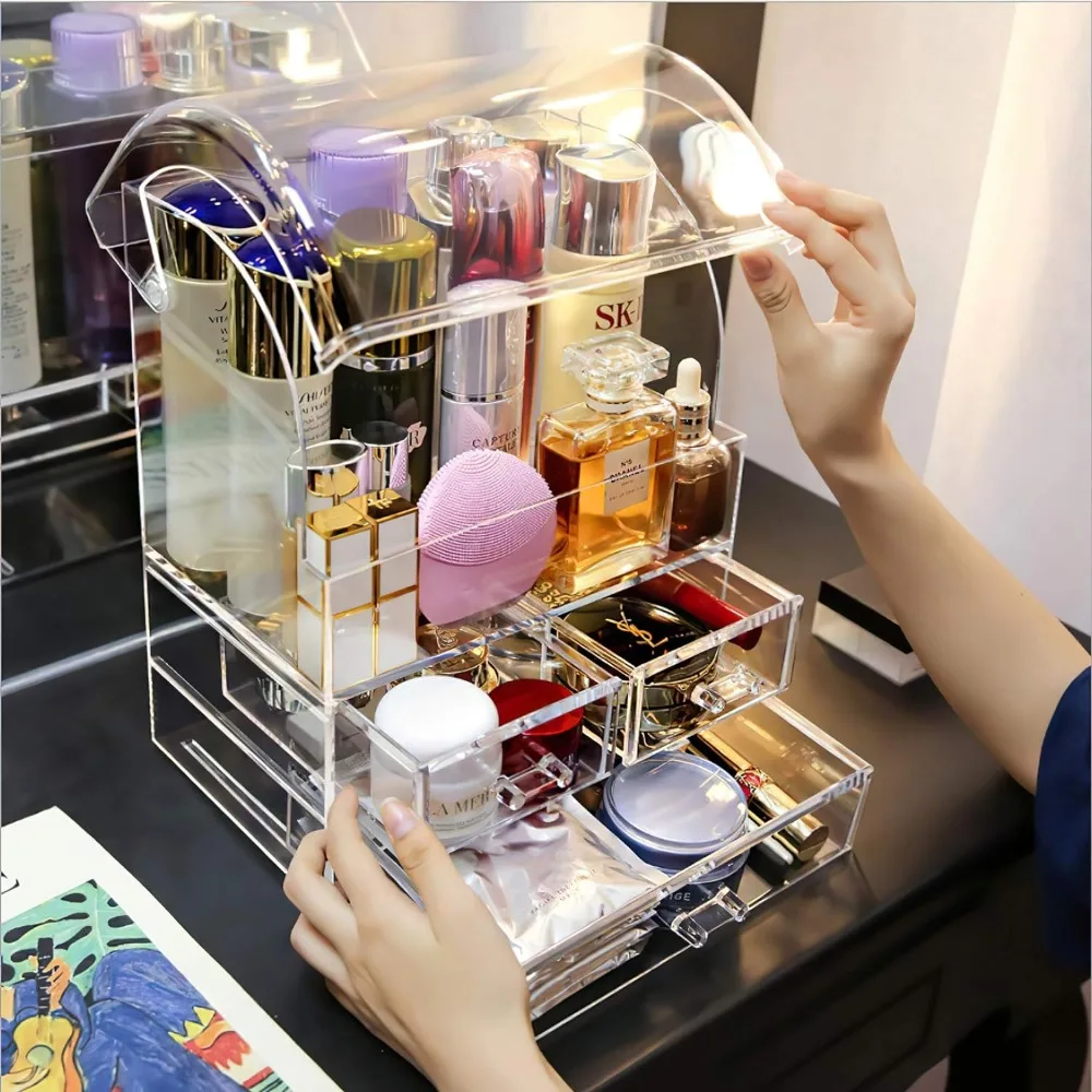 

Large Acrylic Makeup Organizer With Lid Portable Dustproof And Waterproof Cosmetic Storage Drawers Box For Women