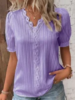 Women's Summer New Top Solid Sexy V-Neck Hollow Short Sleeve Shirt Fashion Splice Plus Size Blouse Loose Street Apparel - Image 6