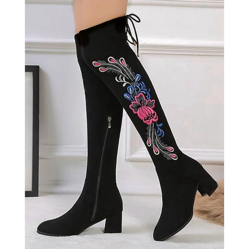 2023 Winter Women Floral Embroidery Zipper Tied Detail Evlvet Over-the-Knee Boots Pointed Toe High Heel Long Boots Korean Style
