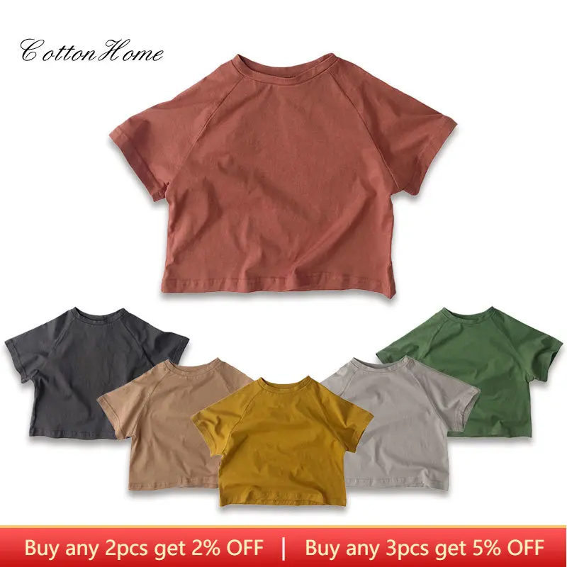 T Shirt Summer Kids T-shirts Solid Girls Tees Short Sleeve Tops Cotton Boys Korean Casual Children Clothes 1-9Y