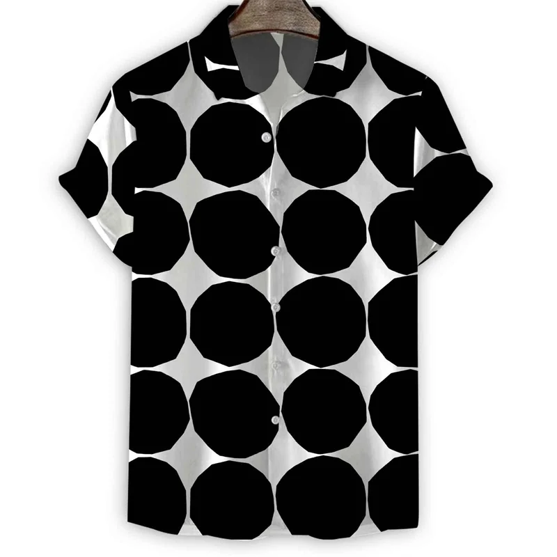 thumbnail image 1 of Camisa hawaiana con rayas geométricas para hombre, estampado 3D de lunares, manga corta, camisas de verano con solapa, blusa con botones de gran tamaño y estilo urbano, 1 of 5