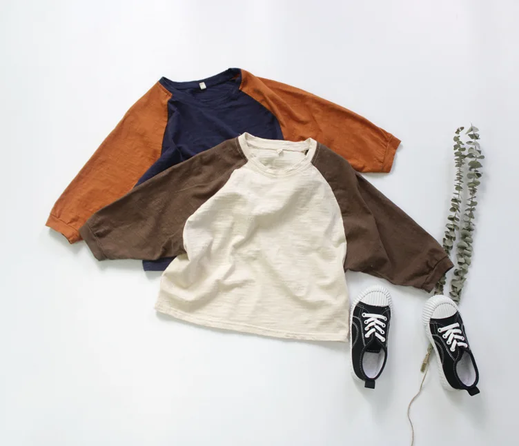 

Детская футболка с длинным рукавом в Корейском стиле, разноцветная хлопковая футболка в стиле пэчворк для мальчиков и девочек, Повседневная простая футболка, детский топ