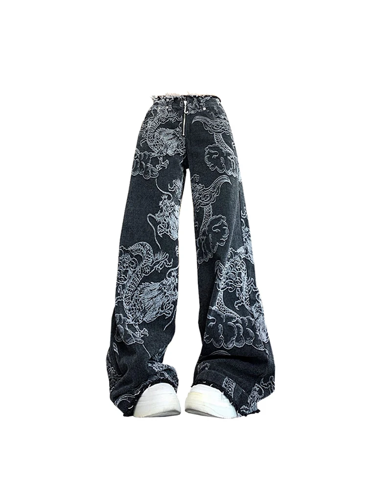 Women Black Gothic Dragon Print Jeans Baggy Vintage Aesthetic