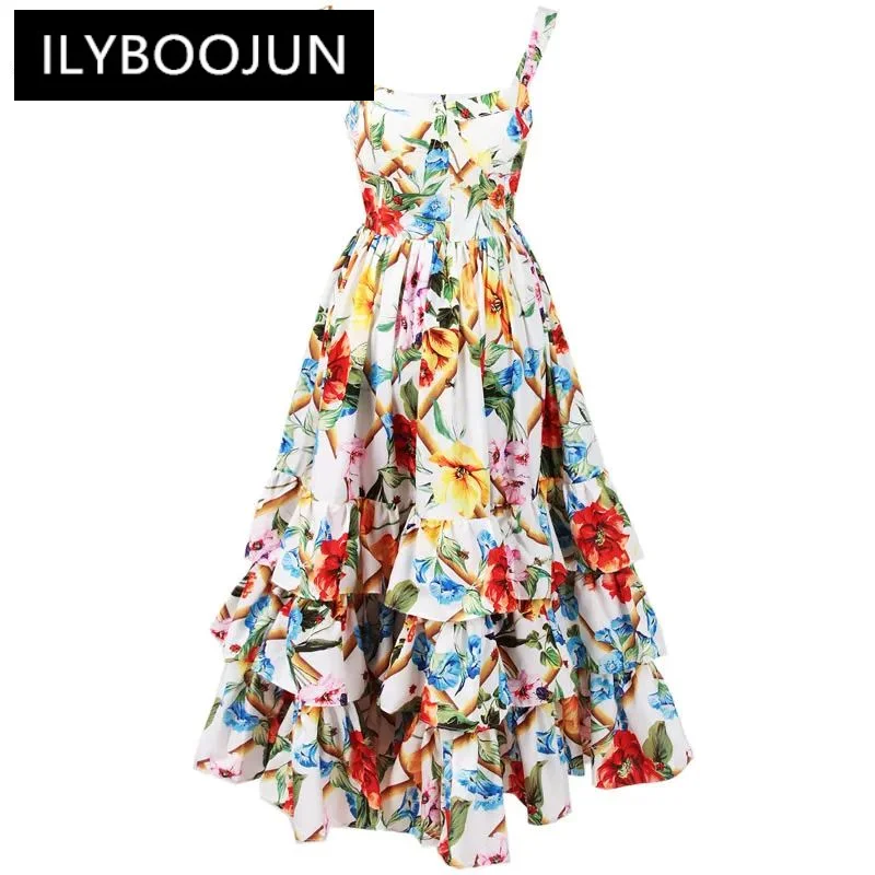 

ILYBOOJUN Fashion Designer Runway Dress Spring Women Spaghetti strap Backless Floral Print Ball Gown Cascading RufflBeach Dress