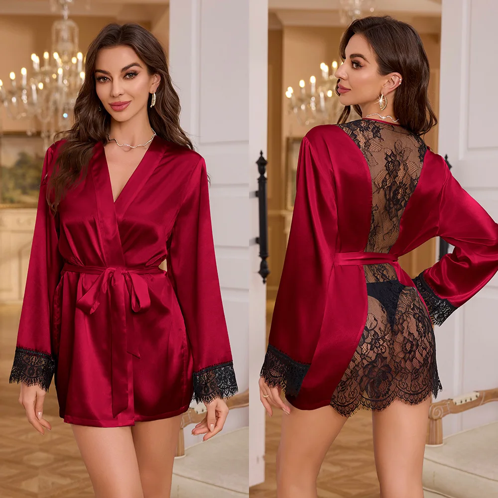 Lace Patchwork Satin Bathrobes Sexy Mini Dress Long Sleeve Loose For Women Robe Wedding Dress