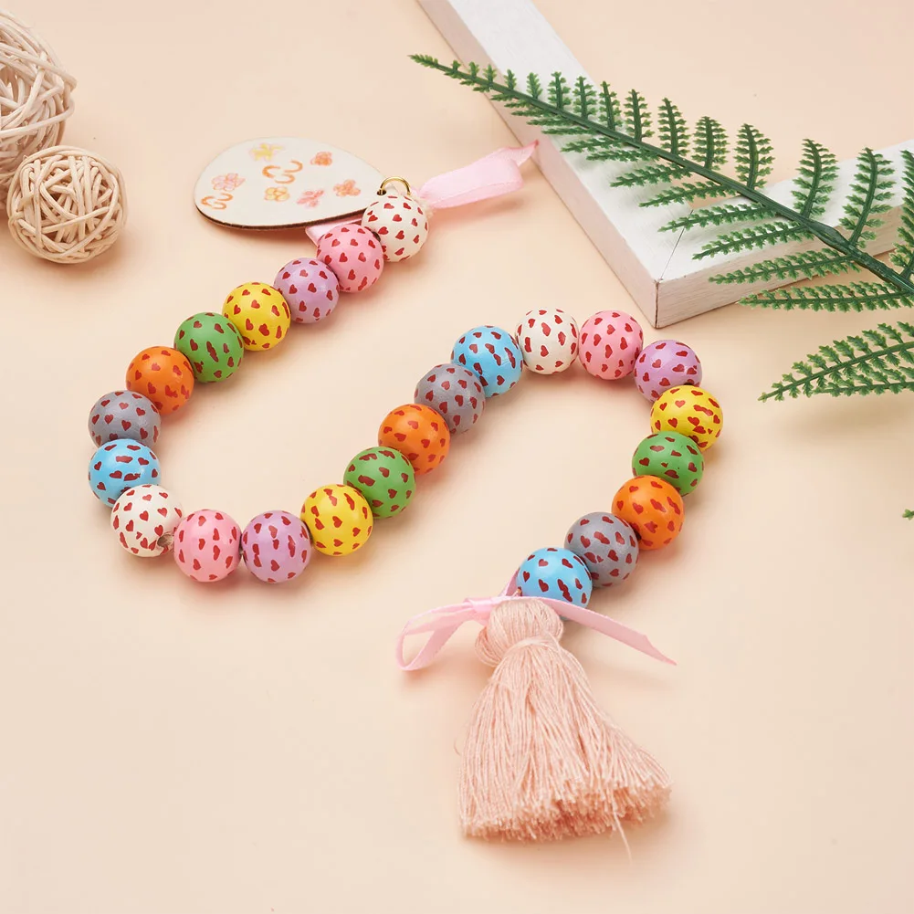 Kissitty 80Pcs Heart Pattern Printed Schima Wood Beads For DIY Handmade Jewelry Making Necklace Accessories