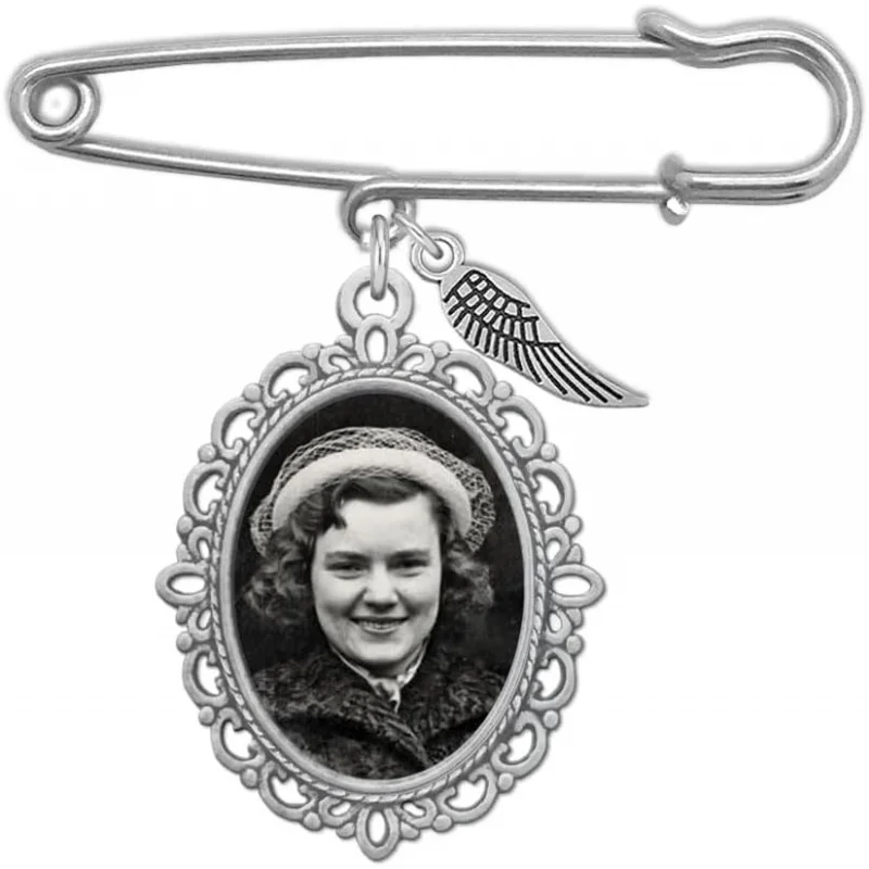 Hochzeitsstrauß-Foto-Charm, ovale Boutonniere-Anstecknadel mit Schutzengel-Flügel und Foto-Rückstellungssoftware für die Braut oder Familie des Bräutigams