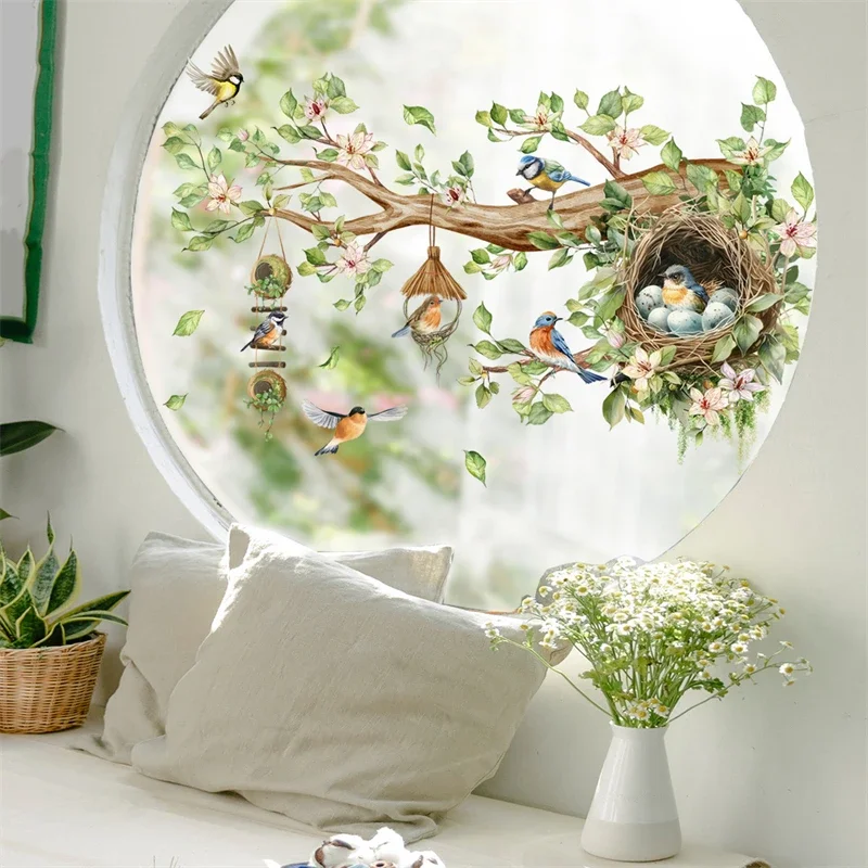 Double Sided Tree Branch Bird Nest Wall Stickers Glass Window Decor Mural Living Room Home Decoration Visible Birds Wall Decal wall stickers wall sticker