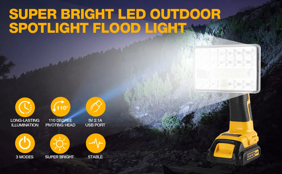 For Dewalt 20v Work Light 18W 2000LM Portable Floodlights Spotlight with USB Cha