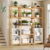 Bamboo Shelf Bookcase, Triple Wide Bookshelf with 4 Cubes & 9 Shelves, Large Bookshelf with Storage, Plant Shelf Bathroom Shelf 1