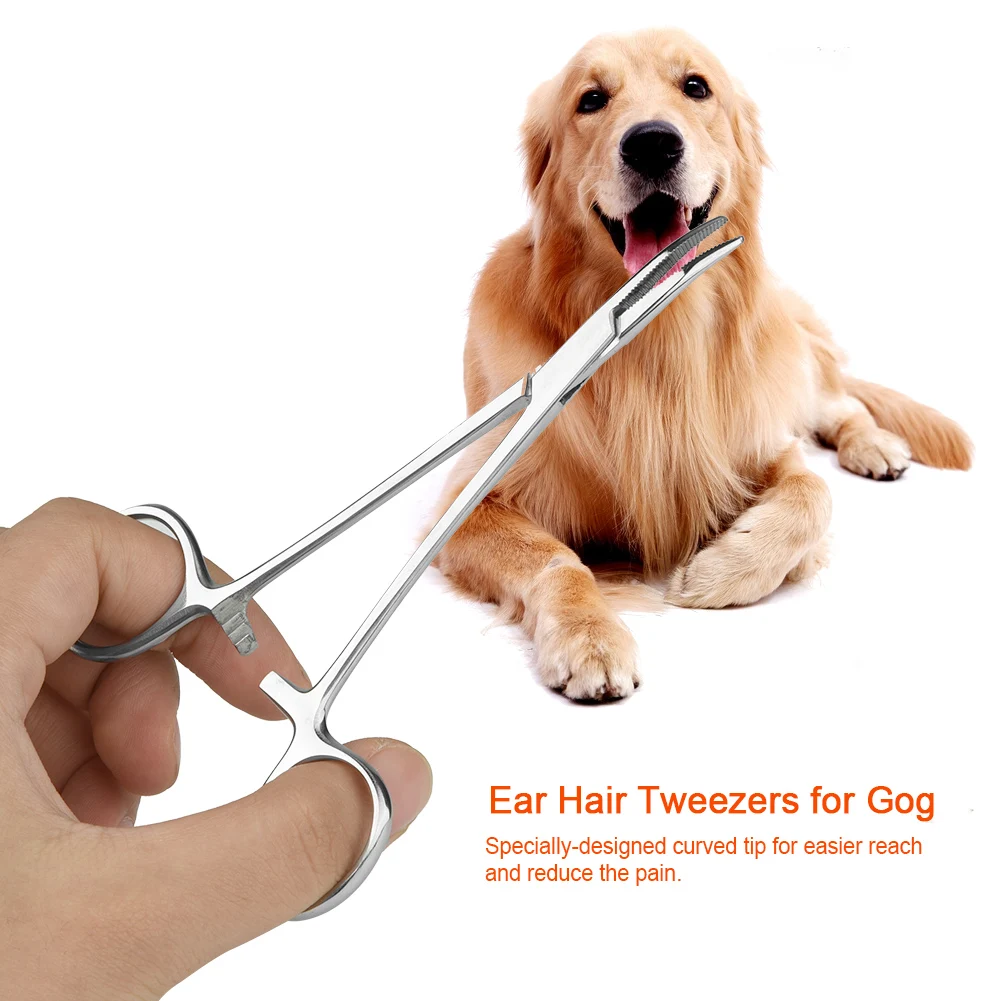 Stainless Steel Pet Dog Cat Ear Hair Tweezers Curved Tip Cleaning Clamp Animal Hair Trimming Tool