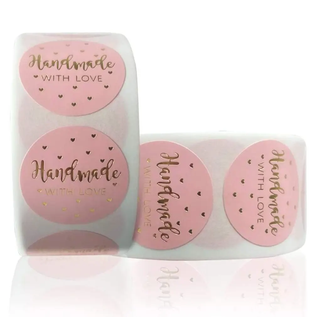

2.5cm Sticker "Handmade With Love" Labels Pink Waterproof Stickers Rolls Seal Label For Scrapbook Business Stationery Sticker
