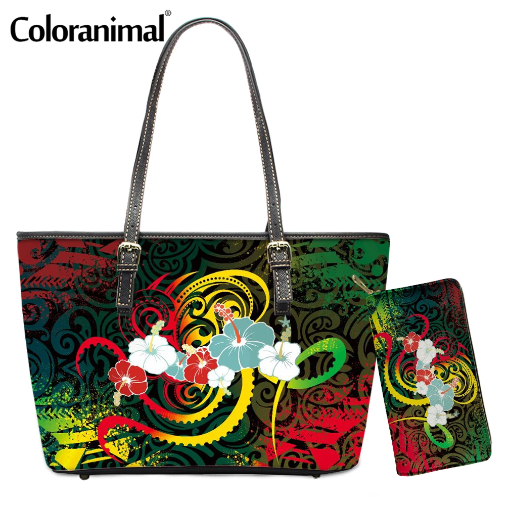 Coloranimal Fashion Tribal Design Female Tote Handbag Tribal Polynesian Plumeria and Hibiscus Print Shoulder Bag for Women Mujer 