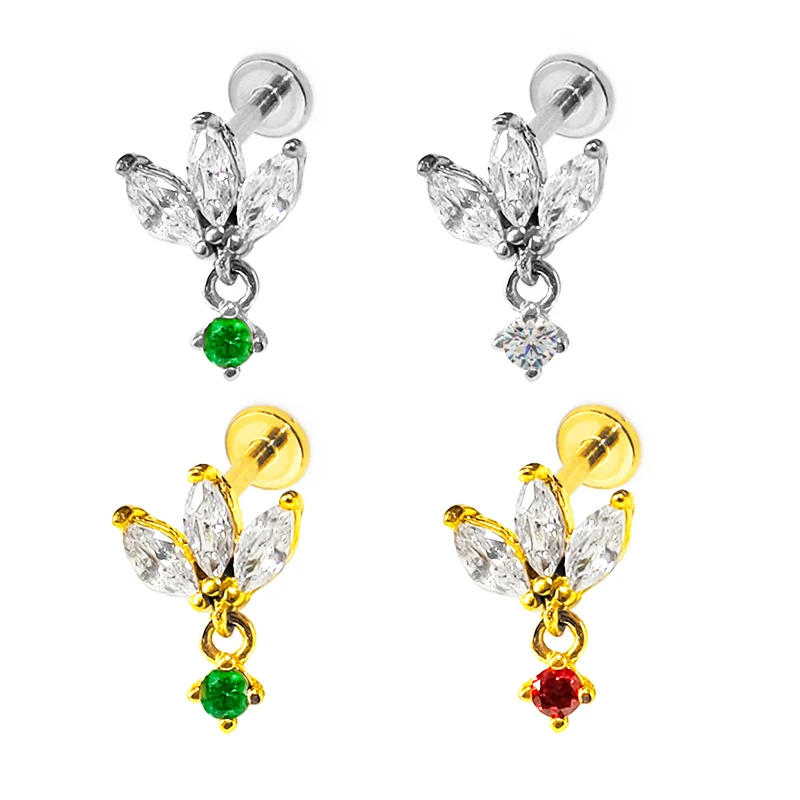 

316L Stainless Steel CZ Pendant Ear Stud helix Piercing Cartilage Internal Thread Labret Piercing Conch Jewelry Earring