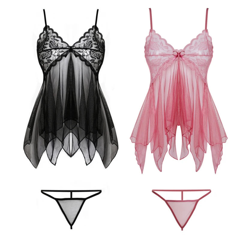 Lingerie Sexy femmes soie dentelle sans manches nuisette col en V chemise de nuit chemise de nuit courte vêtements de nuit robe de nuit sous-vêtements_voghion.com