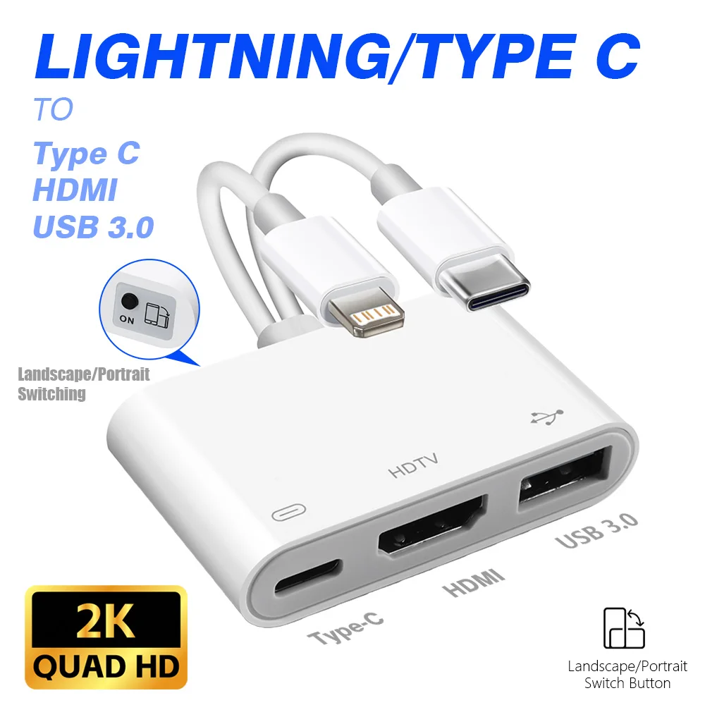 Multi-Purpose Lightning/USB-C to HDMI & USB 3.0 Adapter with Charging Port and HD Sync