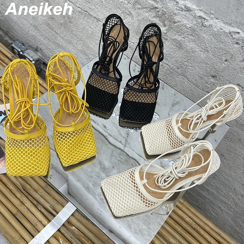 Aneikeh 2025 Summer Sexy Mesh Pumps Sandals Female Square Toe High Heel Lace Up Cross-Tied Stiletto Hollow Dress Party Shoes 1
