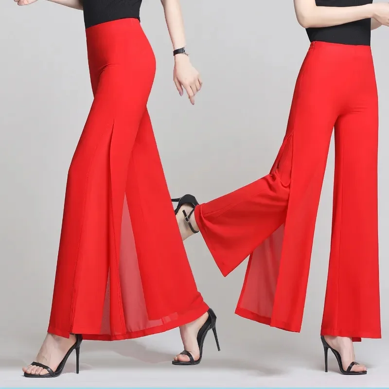 2025 New Summer White Drape Chiffon Wide-Leg Pants Casual Chiffon Trousers Pants Women Clothing Loose High Waist Slim Skirt