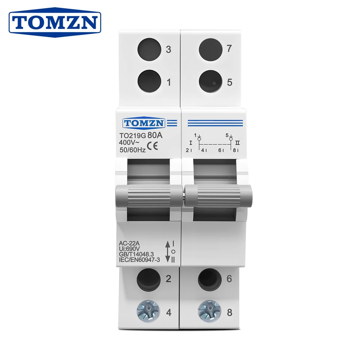 TOMZN TO219G 2P 400V~ AC 80A MTS Dual Power Manual Transfer Isolating Interlock Circuit Breaker Disconnectable Changeover Switch