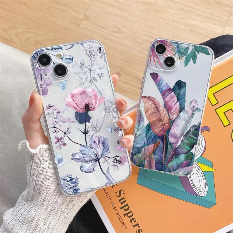 Floral Palm Leaf Painted Soft Silicone Phone Case - Ultra Clear and Durable Design