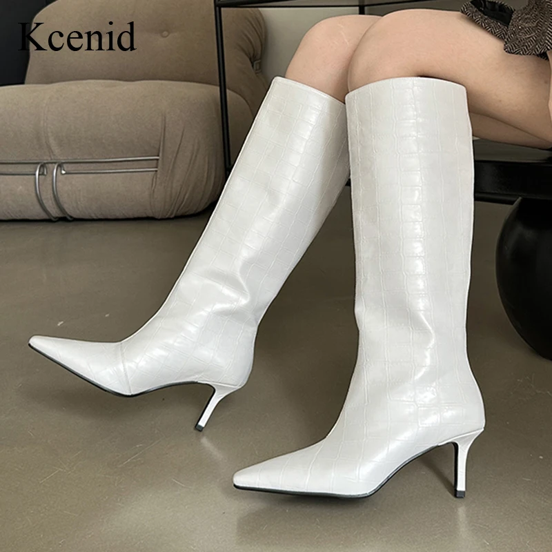 

Kcenid New Fashion Pattern Med Heel Ladies Modern Western Boots Autumn Winter Square Toe Long Women Knee High Boots Female Shoes