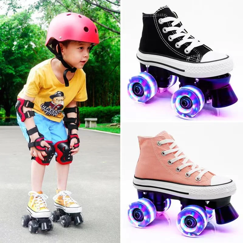 Patins à roulettes à double rangée pour enfants, patines de chaussures en  toile unisexes pour enfants, débutants, 2 lignes, 4 roues flash - AliExpress