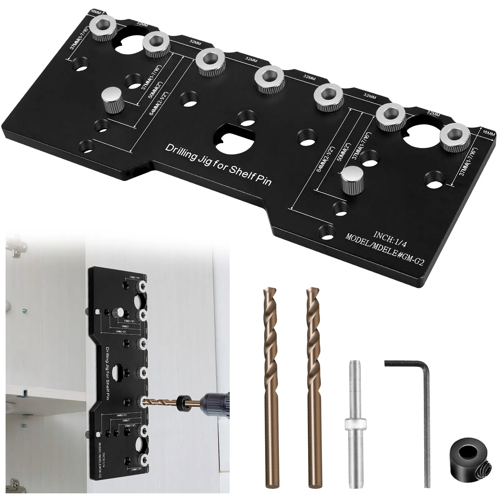

Shelf Pin Jig 1/4 Inch Aluminum Alloy Shelf Pin Drilling Guide Precise Cabinet Mounting Template Jig 32mm Spacing Woodworking