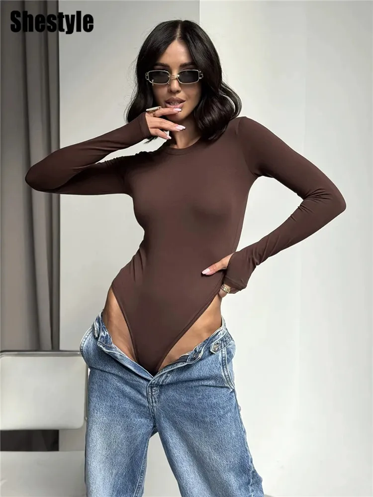 Shestyle Solid Plain Comfort Basic Women Bodysuits Crew Neck Full Sleeve 2026 Grace Button Thong Tight Tops Prom Chritmas Night