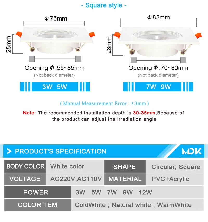 Description Picture 6 of item10pcs LED downlight 5W 7W 9W 12W Angle adjustable ceiling light spotlights 3W rotating AC220V 110V indoor lighting