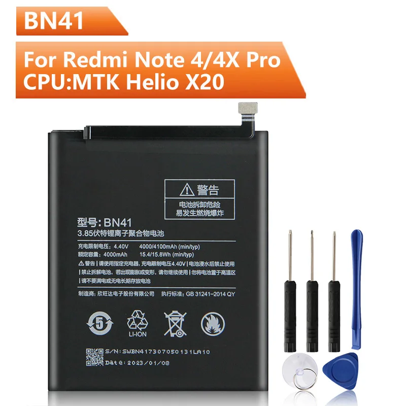 

NEW Replacement Phone Battery BN41 For Xiaomi Redmi Note 4 Hongmi Note4 Pro Note 4X Rechargeable Battery 4100mAh