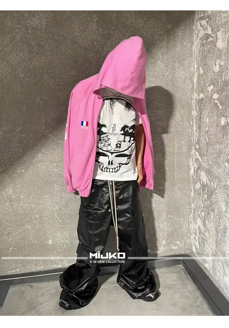 Description Picture 6 of itemHKSH Men's Tide Dark RO Style Glossy Coated Workwear Cargo Pants Unisex Wide Legged Black Casual Women Overalls Techwear HK0845