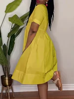 Casual Short Sleeved V-neck Waist Cinched Loose Vacation A-line Shirt Skirt - Image 3