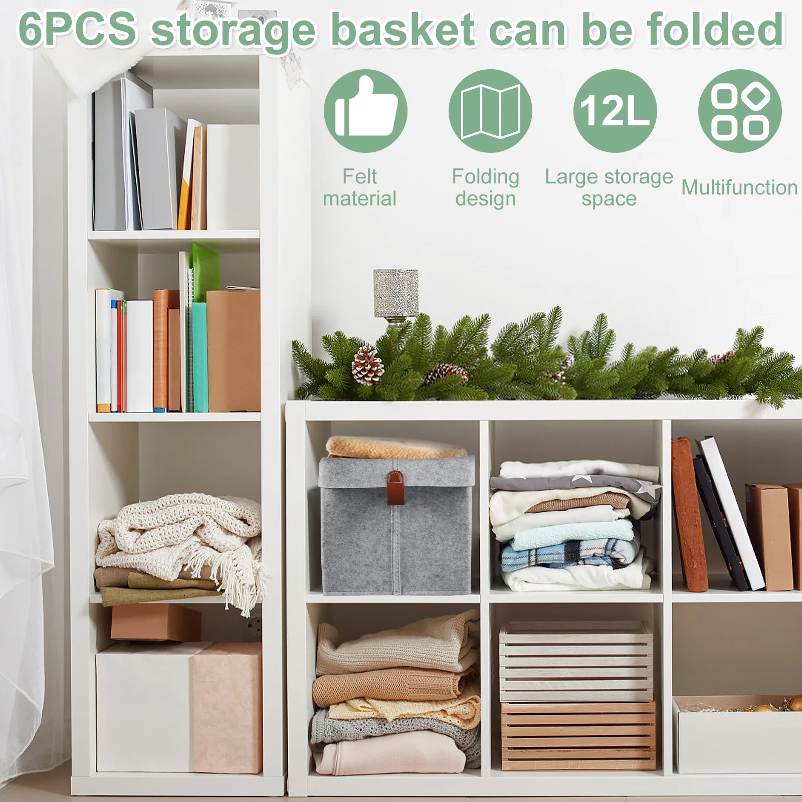 6Pcs Felt Fabric Storage Basket Large Capacity 12L Foldable Desktop Organizers Box for Home Closet Clothes Shoes Multipurpose 2