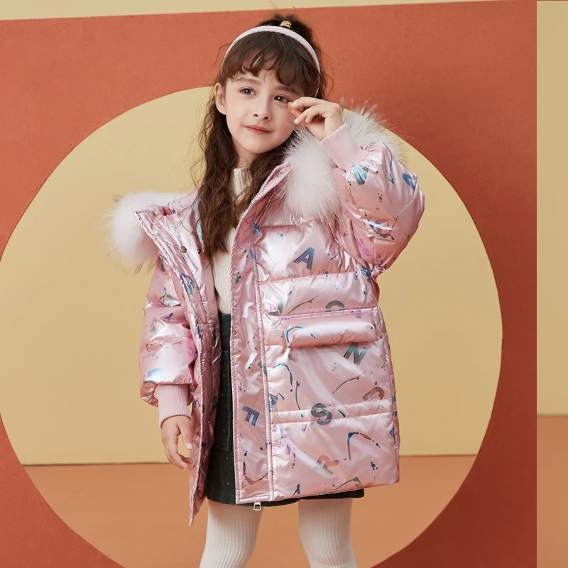 HSSCZL girls duck down jacket long small girl 2022 new winter thicken outerwear overcoat hooded fur collar children&s clothes