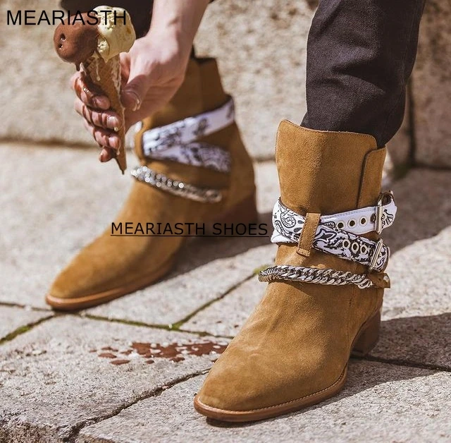 

2022 Pointed Toe WInter Mens Metal Chain Buckle Strap Chelsea boots Suede leather Men Chelsea Boots Graffiti Ankle cowboy Boots
