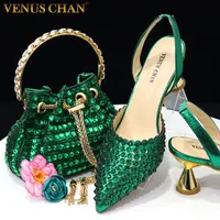 Venus Chan High Heels for Lady 2023 Luxury Designer Green Color Full Diamond Pointed Toe Wedding Shoe and Bag Set for Party 1