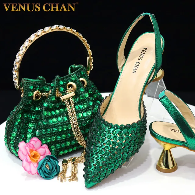 Venus Chan High Heels for Lady 2023 Luxury Designer Green Color Full Diamond Pointed Toe Wedding Shoe and Bag Set for Party 1