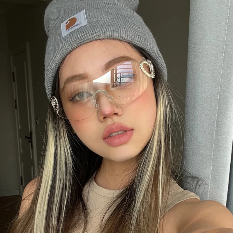 Lunettes de soleil à lentilles une pièce pour femmes, Y2K, Sexy, sans bords, avec Double amour en forme de cœur, 2023_voghion.com