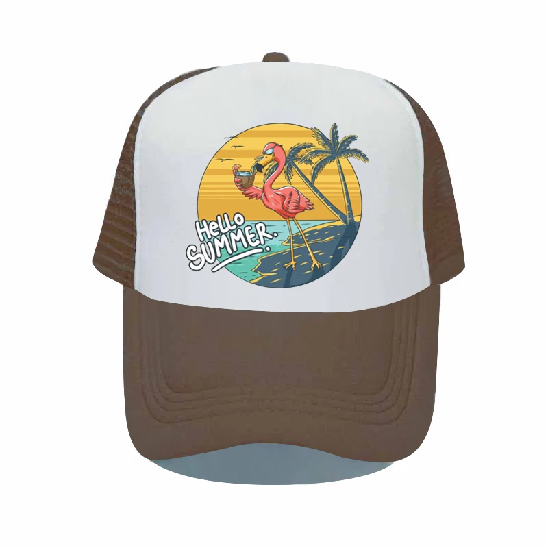Hello Summer Beach Vacation Mesh Baseball Cap Cool Flamingo Drinking Coconut Snapback Caps Sea Gull Mew Sunset Trucker Hat YY534 4