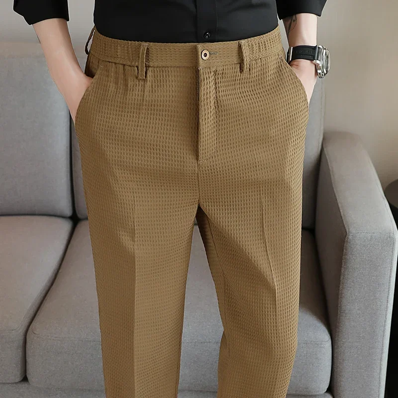 Waffle Casual Suit Pant Spring Men Elastic Waist Formal Classic Pants Green Black White Office Social Slim Trousers Homme 29-38