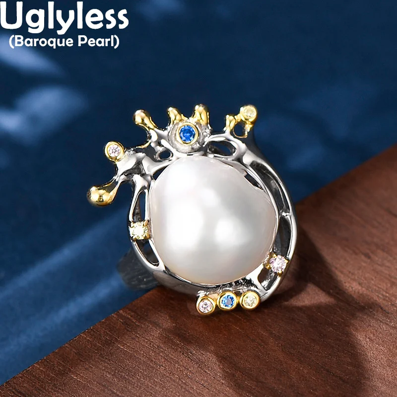 

Uglyless Fashion Women Elegant Pearls Rings Spring Elements Hollow 925 Sterling Silver Big Size Rings Baroque Pearls Jewelry