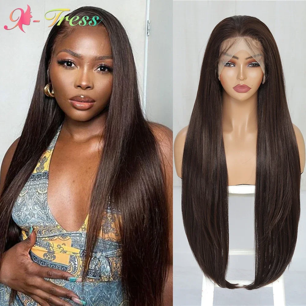 

X-TRESS Brown Lace Frontal Synthetic Wigs for Black Women 32 Inch Pre Plucked Long Straight 13x4 Lace Frontal Wig with Baby Hair