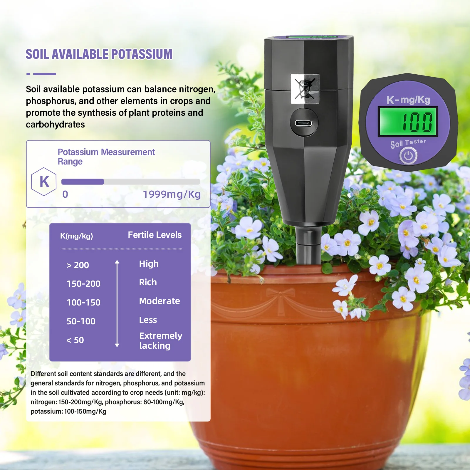 Soil Nutrient Tester NPK Sensor Digital Soil Analyzer 0-1999mg/kg Soil Fertility