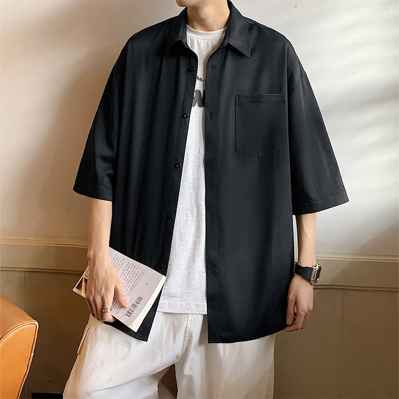 

TFETTERS Shirts for Men Summer 2024 Turn-Down Collar Solid Color Half Sleeve Shirt Anti Wrinkle Thin Japan Style Men Clothes