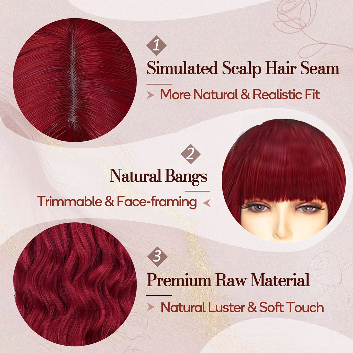 Synthetic Long Wavy Red Ombre Wig with Bangs - 26 Inch curly Wig for Women Natural Looking Soft Halloween Cosplay Constume Wigs